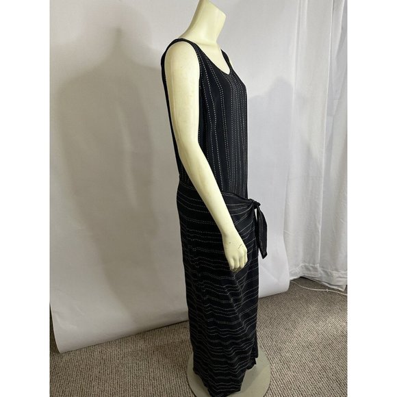 Jaeger Maxi Dress Dark Navy Striped Linen Blend Sz 12 With Unique Tied Overlay - Picture 15 of 15